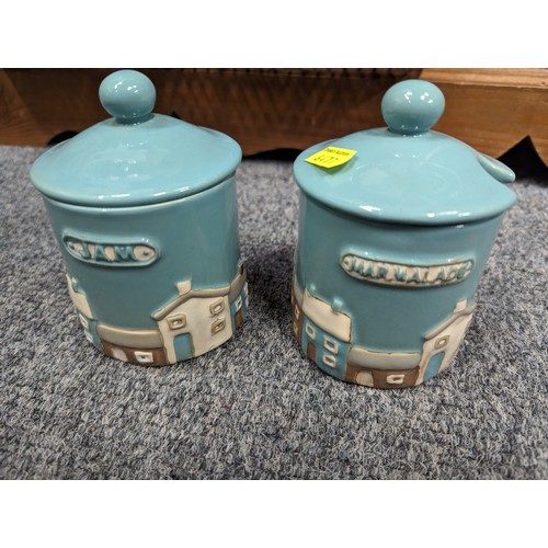 727 - Home comforts condiment pots with lids. Various inc. jam, marmalade & honey.