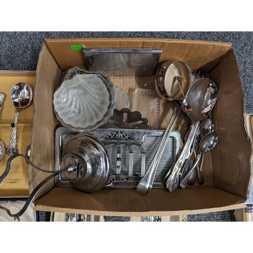 726 - Box of mostly silver plated items including flatware with some stainless items.