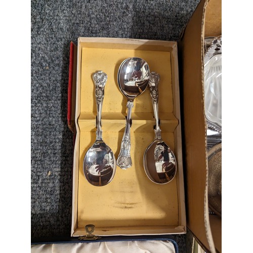 726 - Box of mostly silver plated items including flatware with some stainless items.