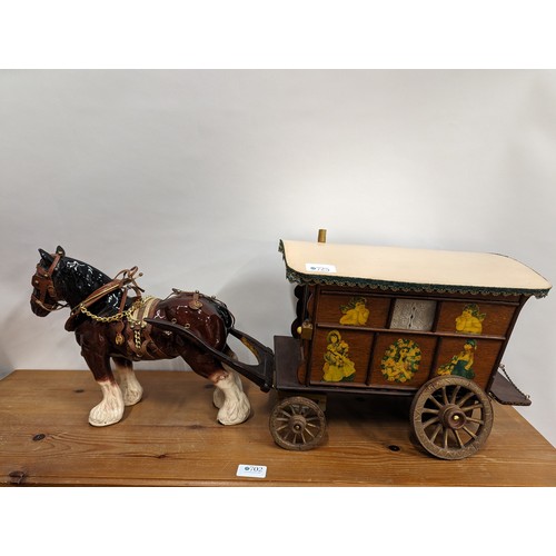 725 - Ceramic shire horse with cart. Cart has lift up roof in a dolls house style.