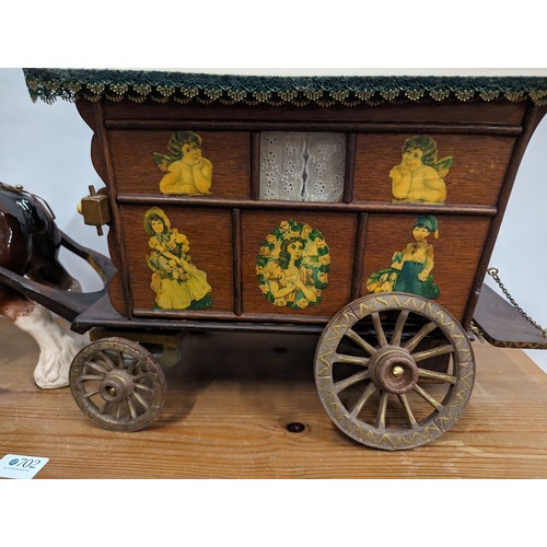 725 - Ceramic shire horse with cart. Cart has lift up roof in a dolls house style.