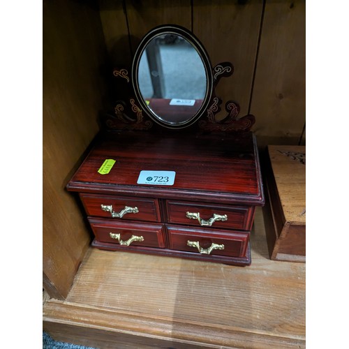 723 - Jewellery chest (musical), wooden box and small stool