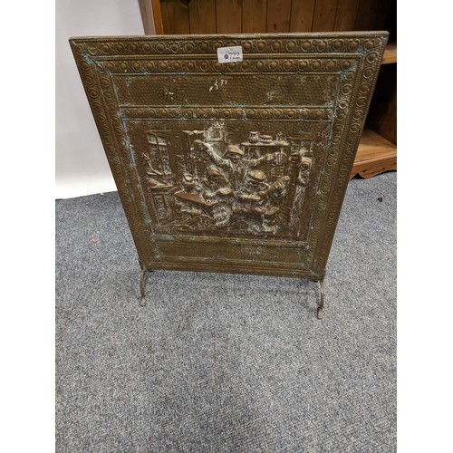 722 - Pressed brass covered fire screen and magazine rack. With forks and snuffer.