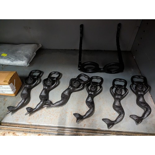 747 - cast iron items inc 6 x mermaid bottle openers, 2 small birds etc 