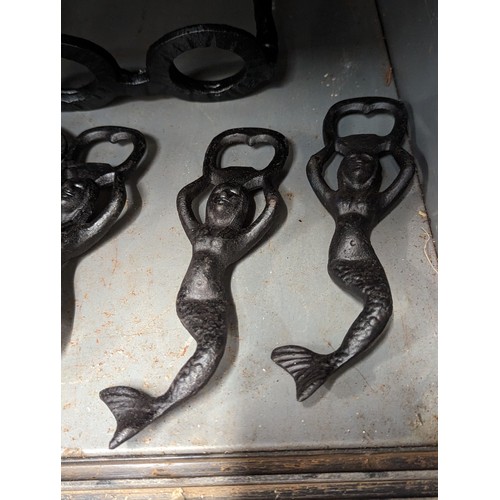 747 - cast iron items inc 6 x mermaid bottle openers, 2 small birds etc 