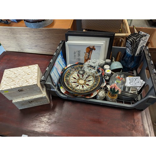 740 - Grey bread tray filled with different collectables and gifts inc. pencils, wooden trinket boxes, sma... 