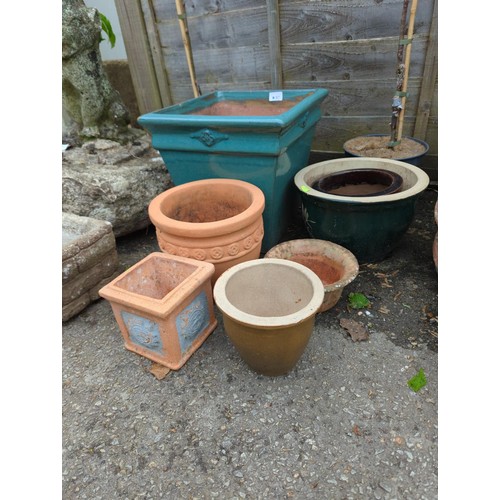 67 - Selection of glazed and terracotta planters, largest W35 x ht.35cm