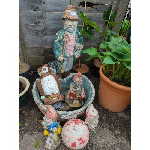 68 - Selection of concrete garden ornaments inc. gnomes, farmer (ht. 74cm) and barrel