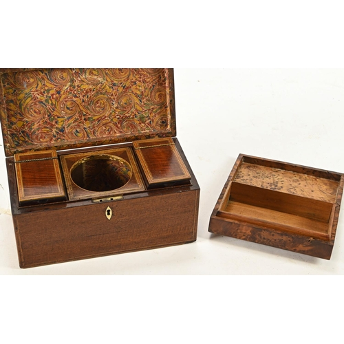 29 - Tea caddy together with small maple veneered box. Largest w31cm d16cm h15cm