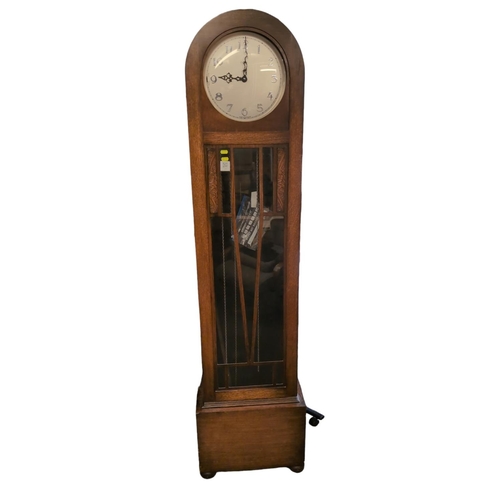 38 - Art deco style long cased clock 49cm by 29cm by 192cm approx. Sold in working order.