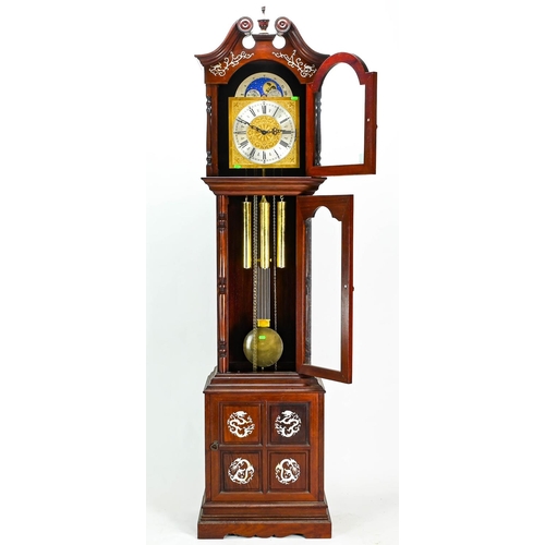 39 - Hermle grandfather clock with pendulum and three weights, with mother-of-pearl inlay to case, 49cm b... 