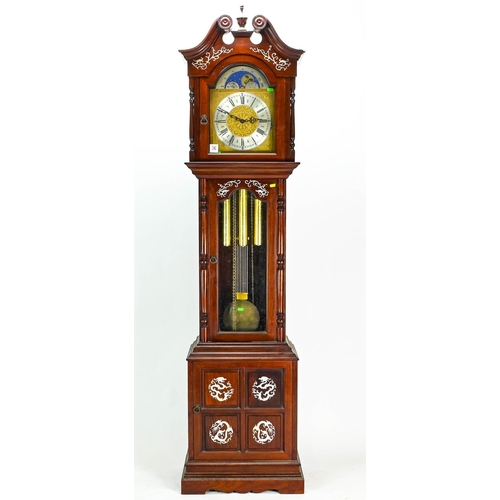 39 - Hermle grandfather clock with pendulum and three weights, with mother-of-pearl inlay to case, 49cm b... 