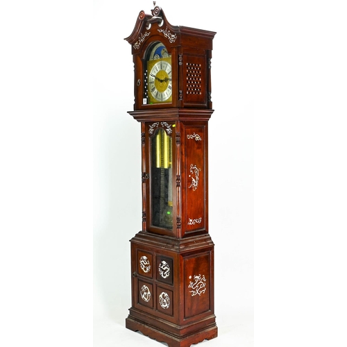 39 - Hermle grandfather clock with pendulum and three weights, with mother-of-pearl inlay to case, 49cm b... 