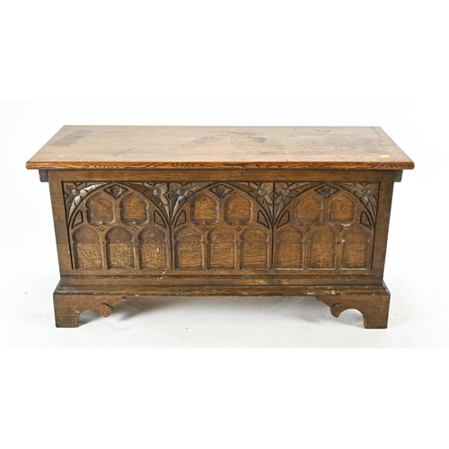 43 - Small oak coffer, with 3 panelled front, raised on bracket supports. W94cm D38cm H47cm