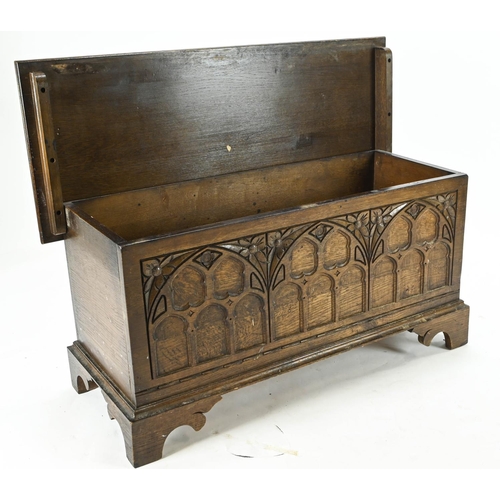 43 - Small oak coffer, with 3 panelled front, raised on bracket supports. W94cm D38cm H47cm