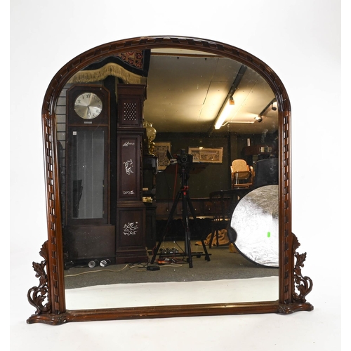 45 - Mahogany framed overmantel mirror. W134cm H129cm