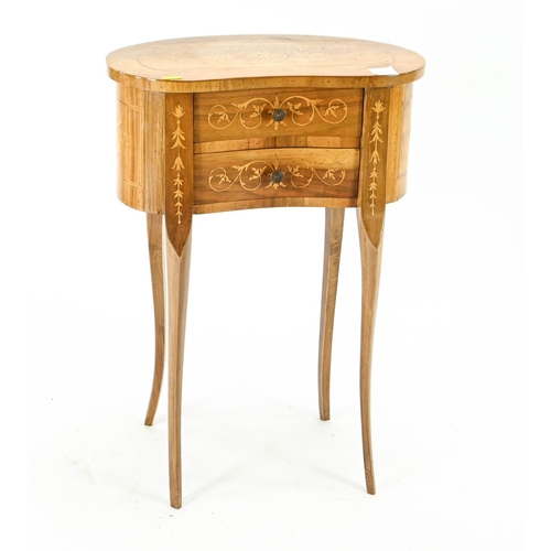 71 - Kidney shaped inlaid bedside, with two drawers 46cm by 25cm by 66cm approx