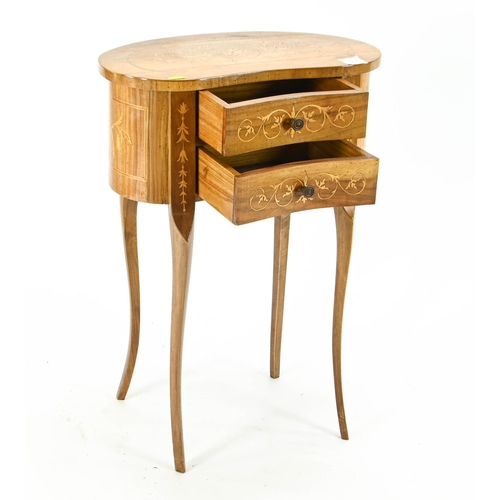 71 - Kidney shaped inlaid bedside, with two drawers 46cm by 25cm by 66cm approx