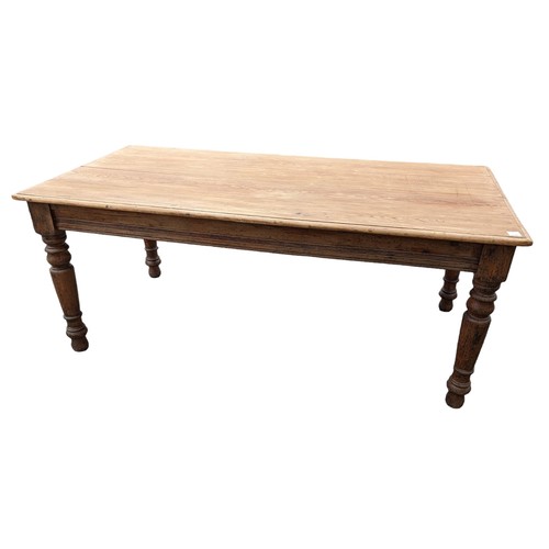 101 - Late Victorian pitch pine 4 plank table. Raised on turned supports. Salvaged from Crownhill Fort, Pl... 