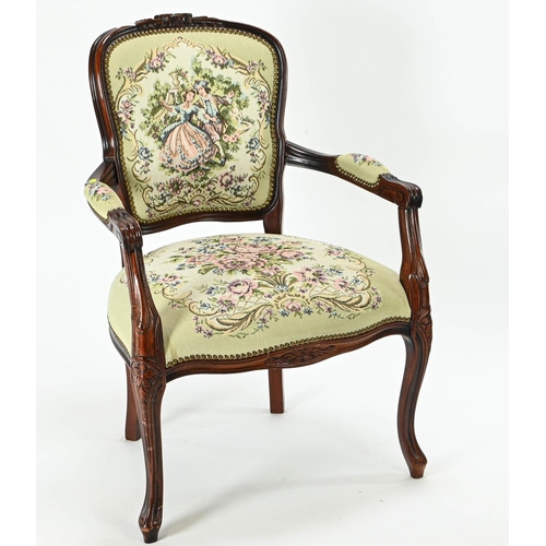 103 - Bedroom chair with tapestry seat, back and arms 61cm by 54cm by 88cm