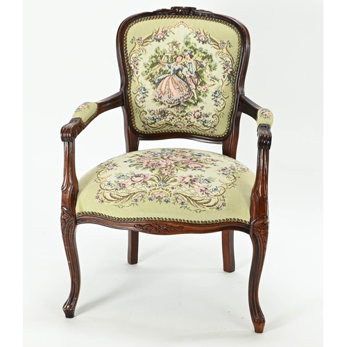 103 - Bedroom chair with tapestry seat, back and arms 61cm by 54cm by 88cm