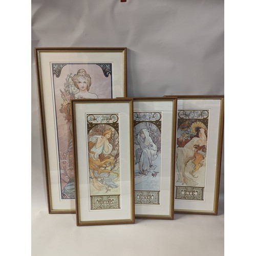 111 - Four framed Alphonse Mucha prints including Spring, Winter and Summer, largest 43.5 x 87cm