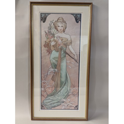 111 - Four framed Alphonse Mucha prints including Spring, Winter and Summer, largest 43.5 x 87cm