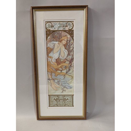 111 - Four framed Alphonse Mucha prints including Spring, Winter and Summer, largest 43.5 x 87cm