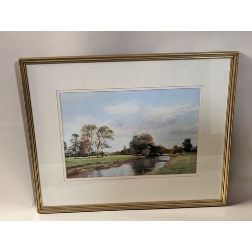 114 - Pastel drawing of a riverside scene, labelled verso 'View from Charlecote by Ken Siebert', no s... 