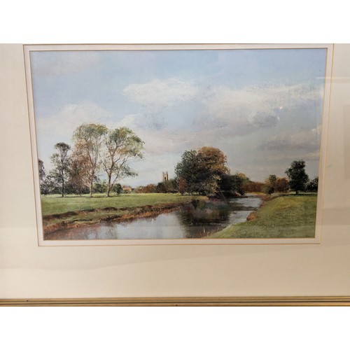 114 - Pastel drawing of a riverside scene, labelled verso 'View from Charlecote by Ken Siebert', no s... 