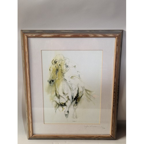 121 - Lydia Kiernan, limited edition print of a galloping horse, 198/500 signed in pencil, framed 43.5 x 5... 