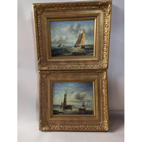 125 - Two oil on board seascapes in ornate gilt frames, both signed T.Kreif lower right, framed 35 x 40cm