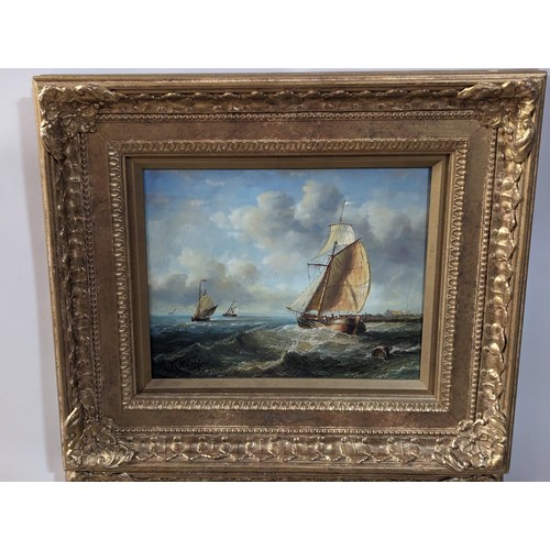 125 - Two oil on board seascapes in ornate gilt frames, both signed T.Kreif lower right, framed 35 x 40cm