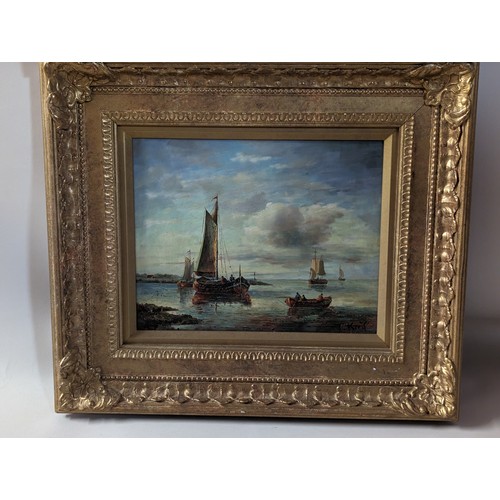 125 - Two oil on board seascapes in ornate gilt frames, both signed T.Kreif lower right, framed 35 x 40cm