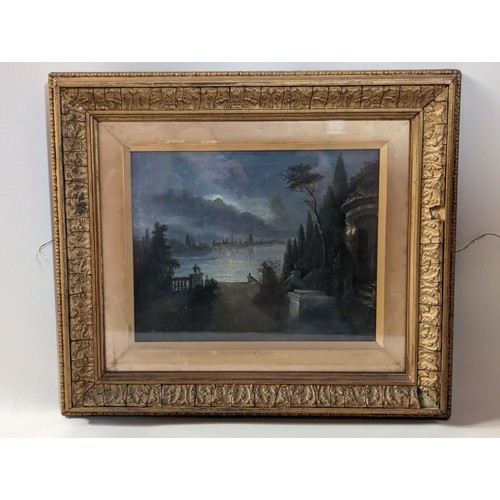 130 - C19th oil painting of a moonlit lakeside, signed lower left Geo. Jack and dated 1870, in an ornate g... 