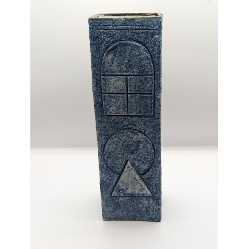 152 - Troika square section vase with geometric designs on blue ground, height 22cm, marked to base 'TROIK... 