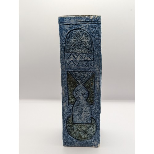 152 - Troika square section vase with geometric designs on blue ground, height 22cm, marked to base 'TROIK... 