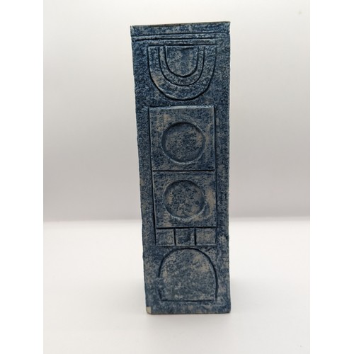 152 - Troika square section vase with geometric designs on blue ground, height 22cm, marked to base 'TROIK... 