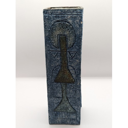 152 - Troika square section vase with geometric designs on blue ground, height 22cm, marked to base 'TROIK... 