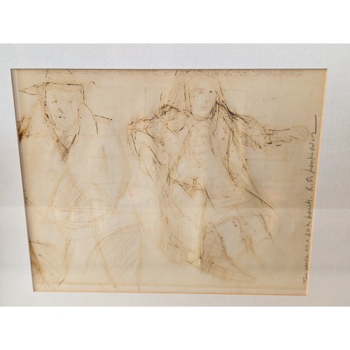 132 - Robert Lenkiewicz pen sketch titled 'Two people on a Bench' and signed, very faded. With an add... 