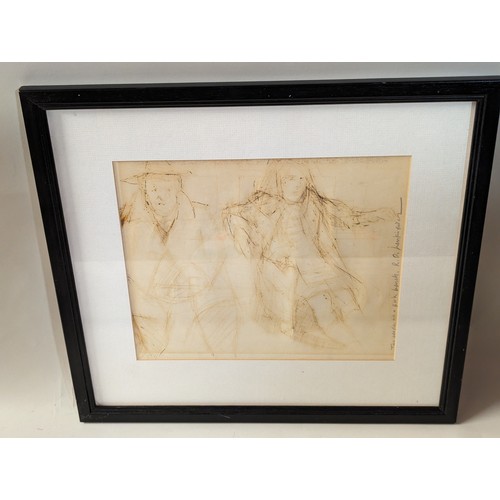 132 - Robert Lenkiewicz pen sketch titled 'Two people on a Bench' and signed, very faded. With an add... 