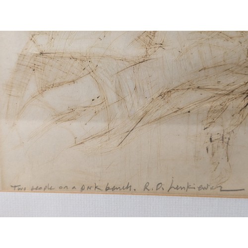 132 - Robert Lenkiewicz pen sketch titled 'Two people on a Bench' and signed, very faded. With an add... 