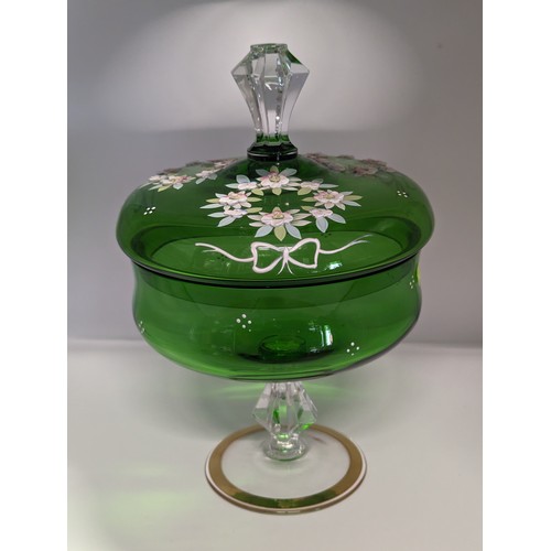 156 - Bohemian green glass pedestal bowl and cover decorated with floral garlands, overall height 25cm x d... 