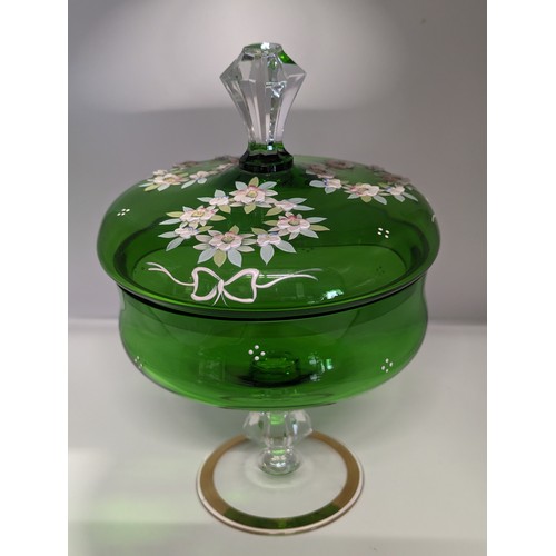 156 - Bohemian green glass pedestal bowl and cover decorated with floral garlands, overall height 25cm x d... 