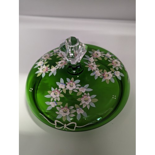 156 - Bohemian green glass pedestal bowl and cover decorated with floral garlands, overall height 25cm x d... 