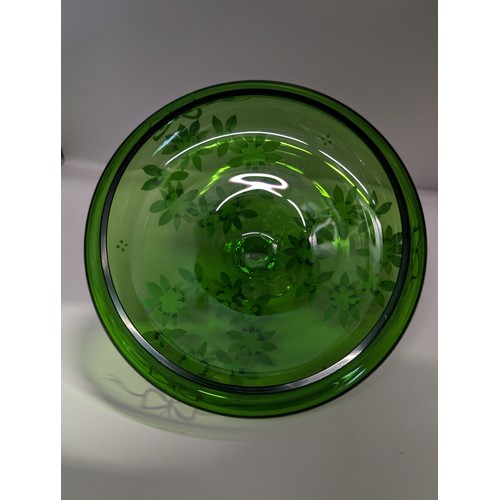 156 - Bohemian green glass pedestal bowl and cover decorated with floral garlands, overall height 25cm x d... 