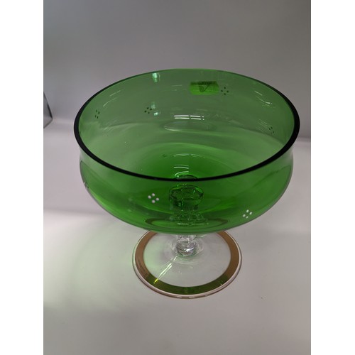 156 - Bohemian green glass pedestal bowl and cover decorated with floral garlands, overall height 25cm x d... 