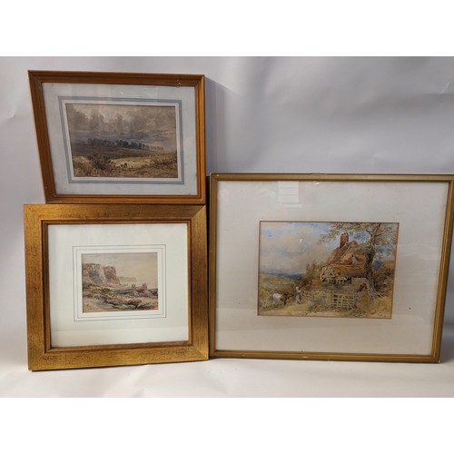 137 - Three various original watercolour paintings inc. coastal scene, moorland landscape and a cottage vi... 