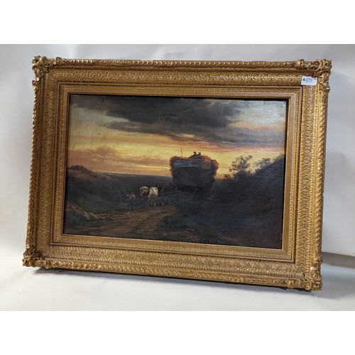 129 - Oil on canvas of haymaking at sunset, unsigned, in gilt frame 82 x 60cm