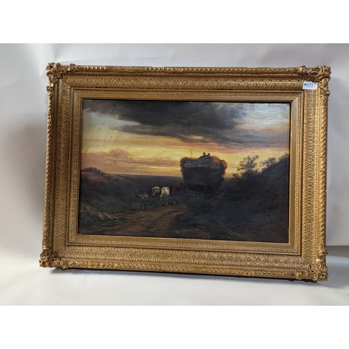 129 - Oil on canvas of haymaking at sunset, unsigned, in gilt frame 82 x 60cm